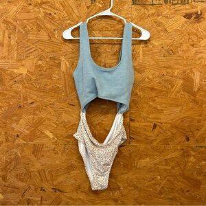 Cutout Dusty Blue and Cream Polka Dot One-Piece Swimsuit - Size XL